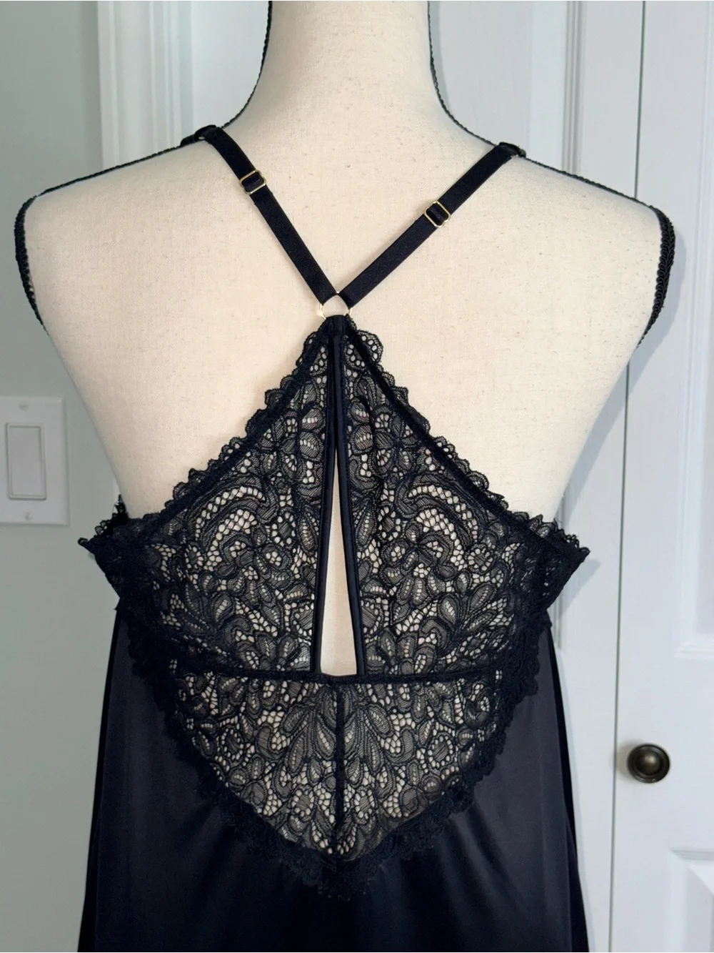 SOMA Black Lace Chemise Maxi Nightgown Slip Dress Strappy Racerback Sz L